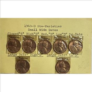 - 1960-D US. Lincoln Cent Die Varieties - Small Wide Dates - 7 Coins