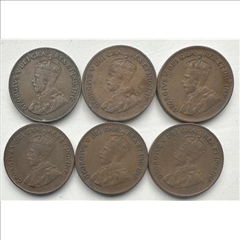 >(6) Canada One Cents - 1921, 1927, 1928, 1931, 1932 and 1933 - 6 Early Dated Cents
