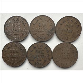 >(6) Canada One Cents - 1921, 1927, 1928, 1931, 1932 and 1933 - 6 Early Dated Cents