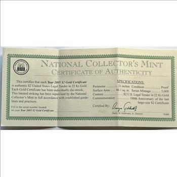 2005 $2 Gold Certificate in 22 Kt. Gold - 100th Anniv. Copy of the Last Large Size Certificate with COA