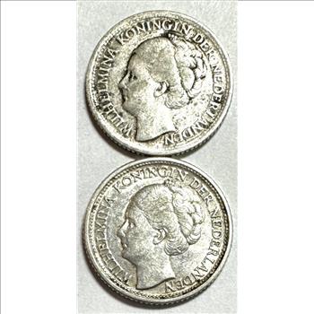 - 1942 and 1943 Silver Netherlands 10 Cent Coins (2) - Wilhelmina Queen of the Netherlands