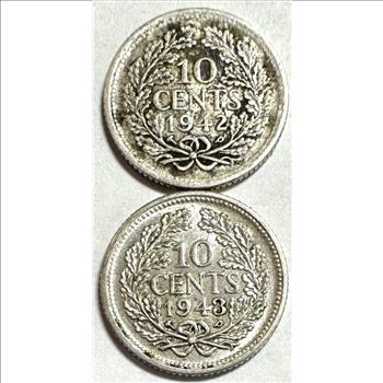 - 1942 and 1943 Silver Netherlands 10 Cent Coins (2) - Wilhelmina Queen of the Netherlands