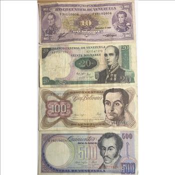 >1987 & 1988 Venezuela Currency - 1987 $20, $100 & $500 Notes and 1988 $10 Note