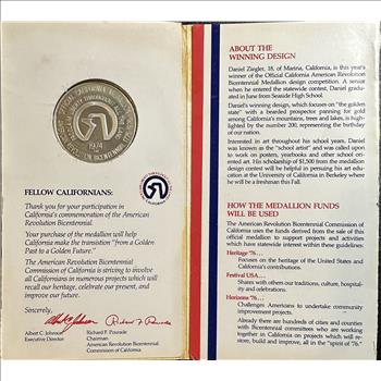 >1974 Sterling Silver American Revolution Bicentennial - California Commemorative Medallion - Gold Prospector Design!