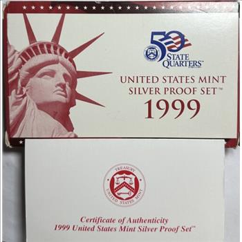 - 1999-S U.S. Mint Silver Proof Set - 9 Coins Including 7 Silver Coins in Original Mint Packaging with COA!