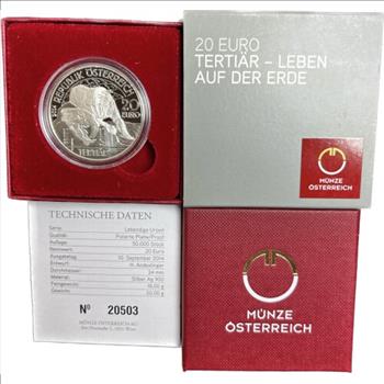 * 2014 Austria Silver Proof Republic of Oster Reich 20 Euro Coin - Prehistoric Life - Tertiary - Box & COA #20,503 of 50,000