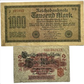 * 1923 and 1914 German 1000 Mark and 2 Mark Bank Notes - Set of 2
