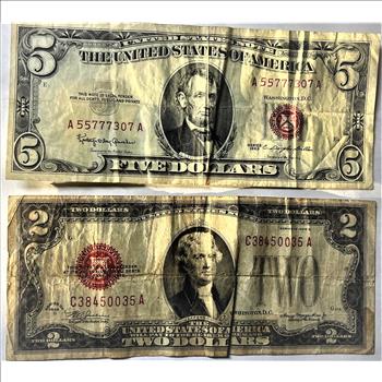 (2) Red Seal U.S. Currency Notes (1) 1928 D $2 Bill & (1) 1963 $5 Bill ...