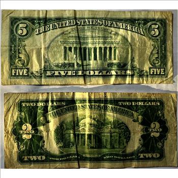 (2) Red Seal U.S. Currency Notes (1) 1928 D $2 Bill & (1) 1963 $5 Bill Scarce Obsolete Notes In Custom Bifold