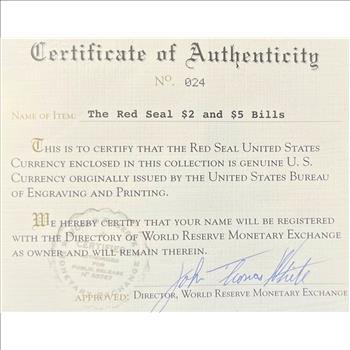 (2) Red Seal U.S. Currency Notes (1) 1928 D $2 Bill & (1) 1963 $5 Bill Scarce Obsolete Notes In Custom Bifold