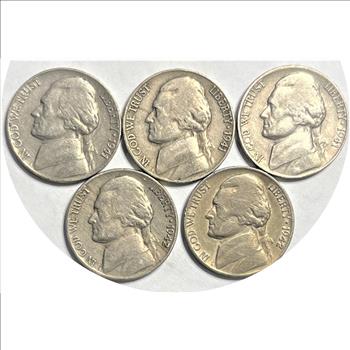 (5) Different Early U.S. Jefferson Nickels 1941, 1941-D, 1941-S, 1942 & 1942-D (Scarce) Early Nickels