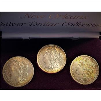 New Orleans Silver Dollar Collection (3) Beautifully Toned Obverse 1883-O, 1884-O & 1885-O Silver Morgan Dollars-Custom Case Uncirculated 