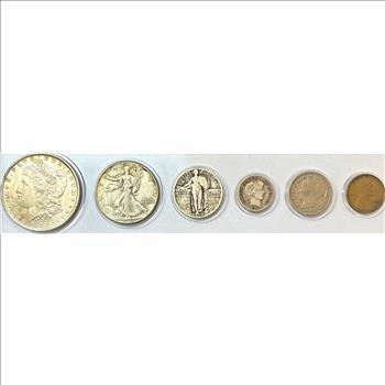 6 Piece Silver Type Set-1883-O Dollar, 1942 Half, 1930 Quarter, 1916-S ...