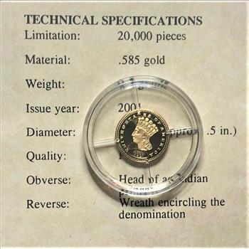 1851 US .585 Pure Gold (.5 Grams) Replica Indian Head Gold Piece-Deep Cameo Gem Proof Condition