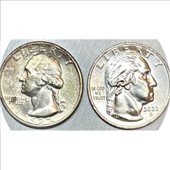 90 Years Of Washington Quarters! 1932 & 2022 U.S. Washington Quarter Examples High Grade & Lustrous (2 Coins)
