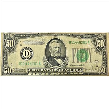 1934 C U.S. $50 Federal Reserve Note Ulysses S. Grant Nice Collector Grade-Comes In Sleeve