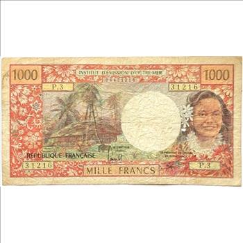 *Republique Francaise 1000 Mille Francs Banknote - Institut D'Emission D'Outre-Mer - Small Hole on Right Side