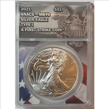 2021 (P) U.S. .999 Pure American Silver Eagle ANACS Certified MS70 First Strike Coin! Struck At Philadelphia Mint Heraldic Eagle Type 1 Perfection!