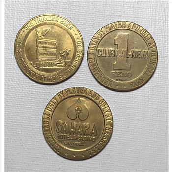 3 One Dollar Gaming Tokens - Sahara Casino Las Vegas, Hotel Thunderbird Las Vegas, Club Cal-Neva Reno