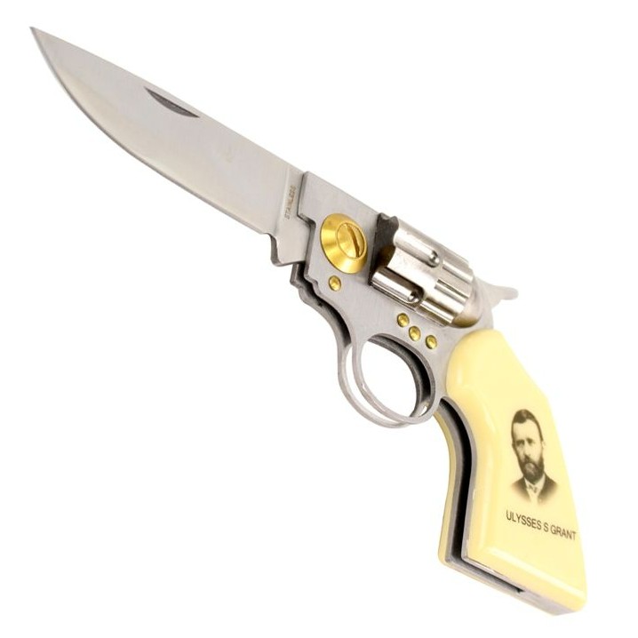 Ulysses S Grant 7.5" Gun Folding Knife Stainless Steel Revoler Style