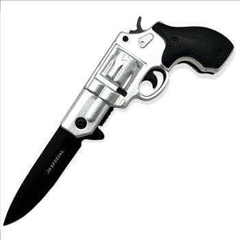 Tiger-USA Pistol Spring Assisted Knife Revolver Style SILVER