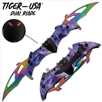 Bat Dual Blade Spring Assisted Knife Lightning Bolts