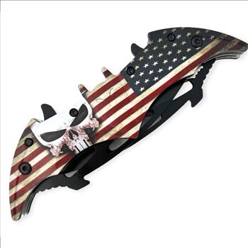 Tiger USA Dual Blade Spring Action Knife Black SKULL American Flag
