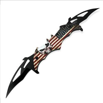 Tiger USA Dual Blade Spring Action Knife Black SKULL American Flag