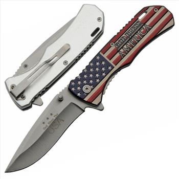 Spring-Assist Folding Knife | Patriotic God Bless America USA Flag Silver