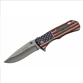 Spring-Assist Folding Knife | Patriotic God Bless America USA Flag Silver
