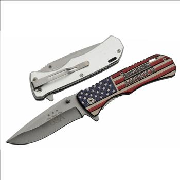 Spring-Assist Folding Knife | Patriotic God Bless America USA Flag Silver