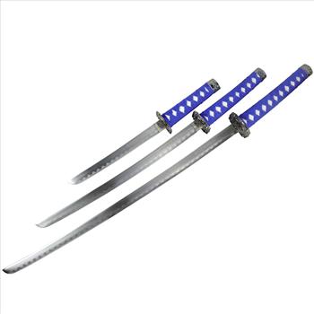3pc Light Blue Samurai Sword Set Carbon Steel Blades with Stand DECORATIVE