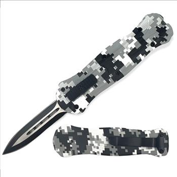 Miniature OTF Automatic Knife - BLACK AND WHITE CAMO