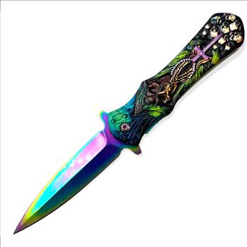 Spring Assisted Knife SKULL WITH CROSS RAINBOW