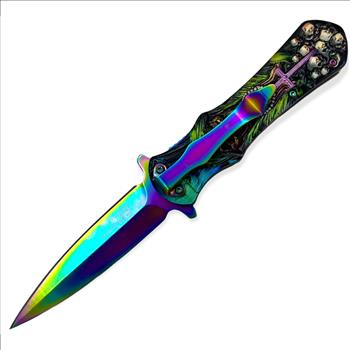 Spring Assisted Knife SKULL WITH CROSS RAINBOW