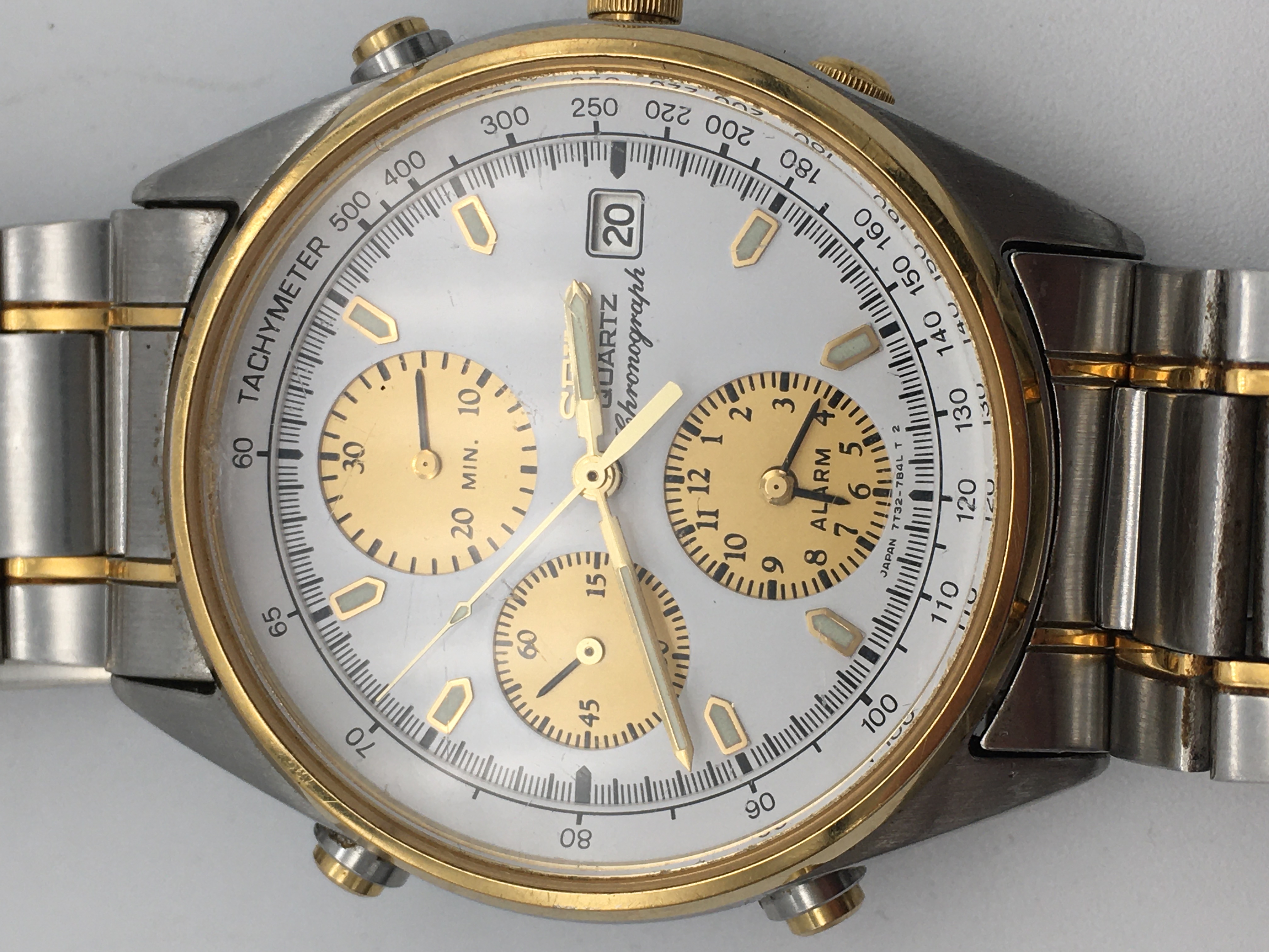 Vintage Seiko Alarm Chronograph Two Tone 7T327B30 Quartz Mens Watch 7