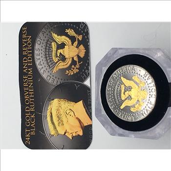 (2) 2019 JFK Half Dollar Clad Entirely in Black Ruthenium with 24KT Gold Clad Highlights on Obverse and Reverse 