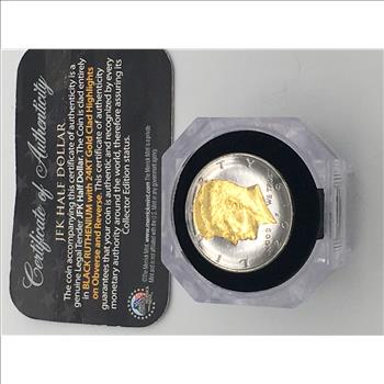 (2) 2019 JFK Half Dollar Clad Entirely in Black Ruthenium with 24KT Gold Clad Highlights on Obverse and Reverse 