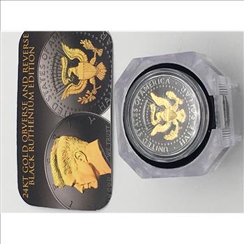 (2) 2019 JFK Half Dollar Clad Entirely in Black Ruthenium with 24KT Gold Clad Highlights on Obverse and Reverse 