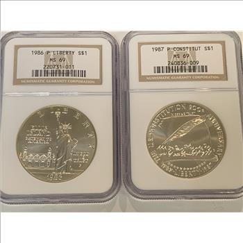 2 US SILVER 90% MODERN COMMEMORATIVES GRADED MS69 1986 & 1987 