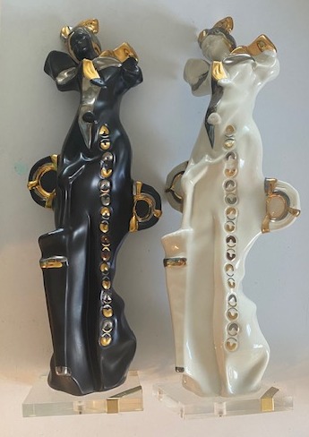 2 units GALOS Porcelain Statue Platinum & Gold Lucite Base Erte..