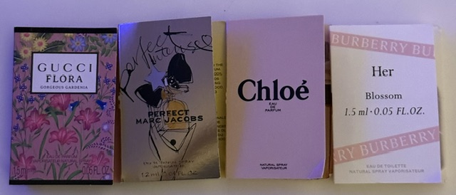 4 Deigners Burberry Her, Gucci Flora.Chloe. Marc Jacobs 1.5 ml / 0.05 fl. oz.