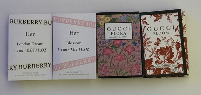 Burberry Her London Dreamc, Burberry Her Blossom, Gucci Flora Gorgeous Gardenia, and Gucci Bloom (each 1.5 ml / 0.05 fl. oz.)