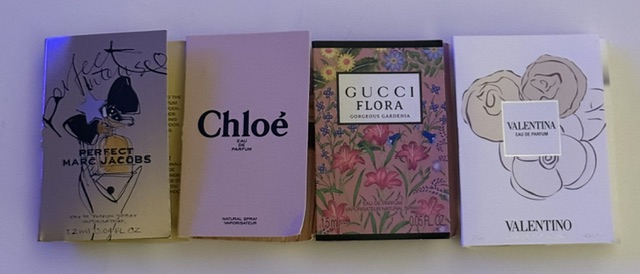 Burberry Her London Dreamc, Burberry Her Blossom, Gucci Flora Gorgeous Gardenia, and Gucci Bloom (each 1.5 ml / 0.05 fl. oz.)