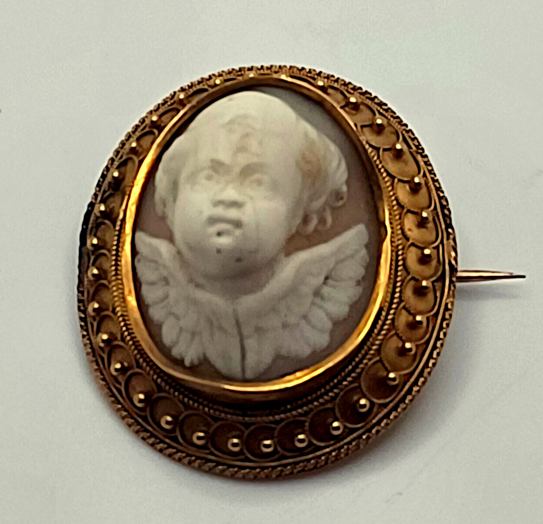 Antique Gold Victorian Front Face Cherub Hard Stone Cameo Brooch Circa 1876