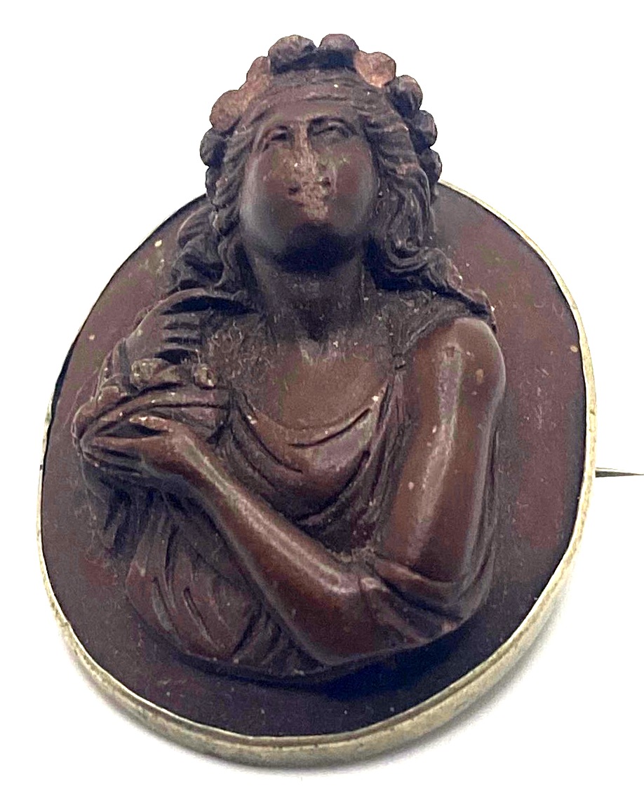 Antique Gold Victorian Lava Front Face Cherub Cameo Brooch Circa 1876