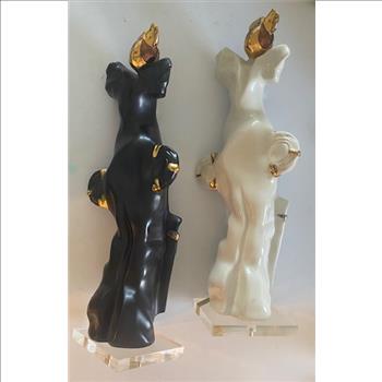 2 units GALOS Porcelain Statue Platinum & Gold Lucite Base Erte..