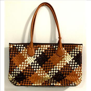 BRAHMIN Rare Woven Rio Sassy Brown Gold Shoulder Tote