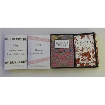 Burberry Her London Dreamc, Burberry Her Blossom, Gucci Flora Gorgeous Gardenia, and Gucci Bloom (each 1.5 ml / 0.05 fl. oz.)