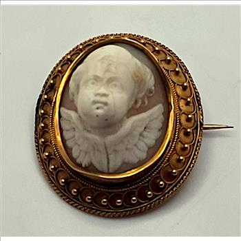 Antique Gold Victorian Front Face Cherub Hard Stone Cameo Brooch Circa 1876